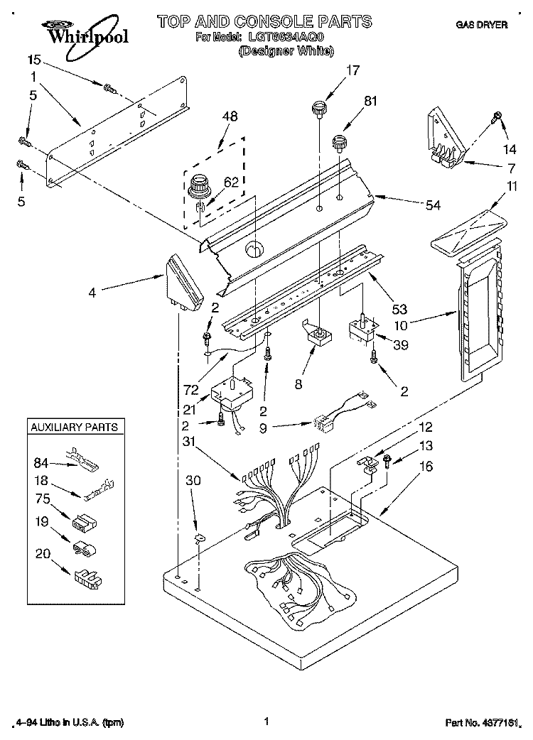 TOP AND CONSOLE, LIT/OPTIONAL Diagram and Parts List for LGT6634AQ0  Whirlpool Dryer
