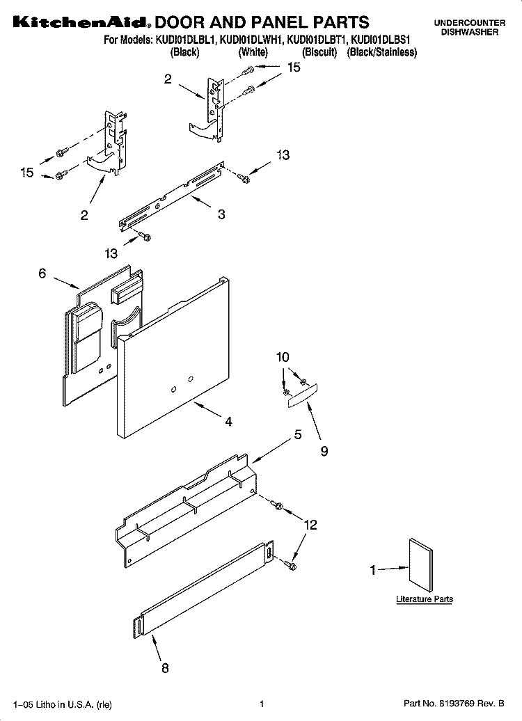 DOOR AND PANEL PARTS Diagram and Parts List for KUDI01DLBT1  KitchenAid Dishwasher