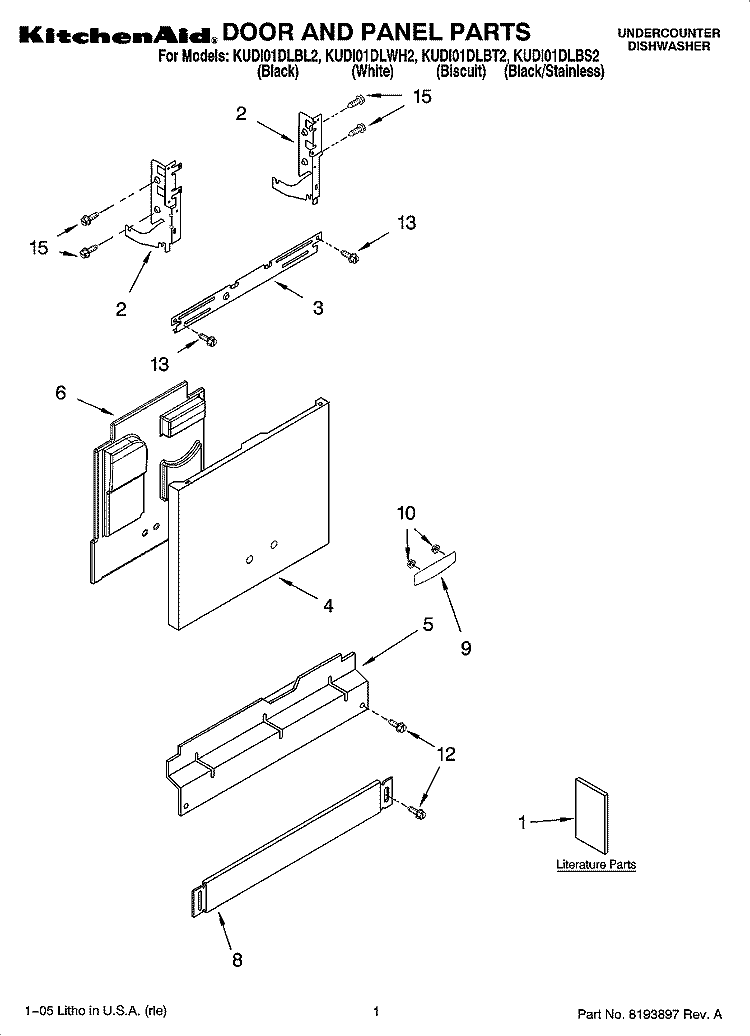 DOOR AND PANEL PARTS Diagram and Parts List for KUDI01DLBS2  KitchenAid Dishwasher