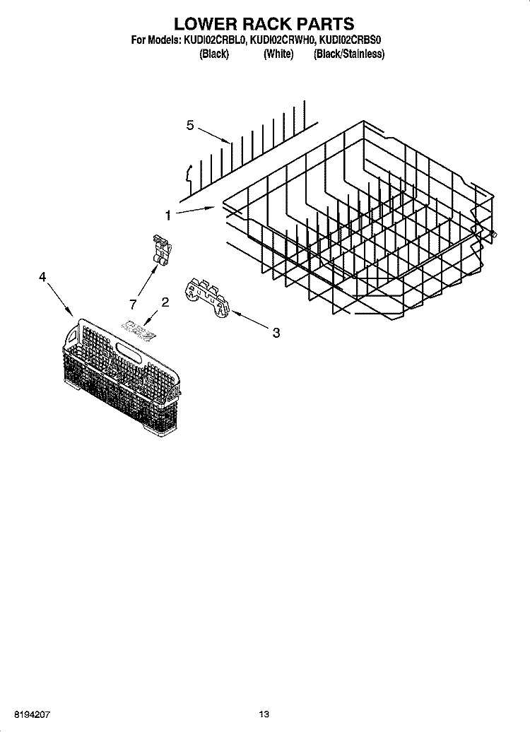 LOWER RACK PARTS, OPTIONAL PARTS (NOT INCLUDED) Diagram and Parts List for KUDI02CRWH0  KitchenAid Dishwasher