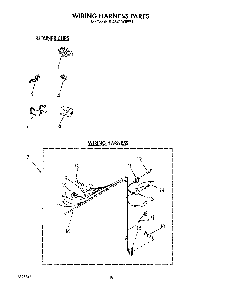 WIRING HARNESS Diagram and Parts List for 6LA5400XWW1  Whirlpool Washer