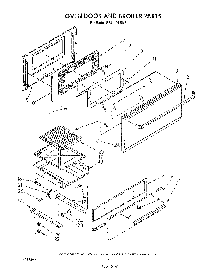 OVEN DOOR AND BROILER Diagram and Parts List for SF314PSRW5  Whirlpool Range