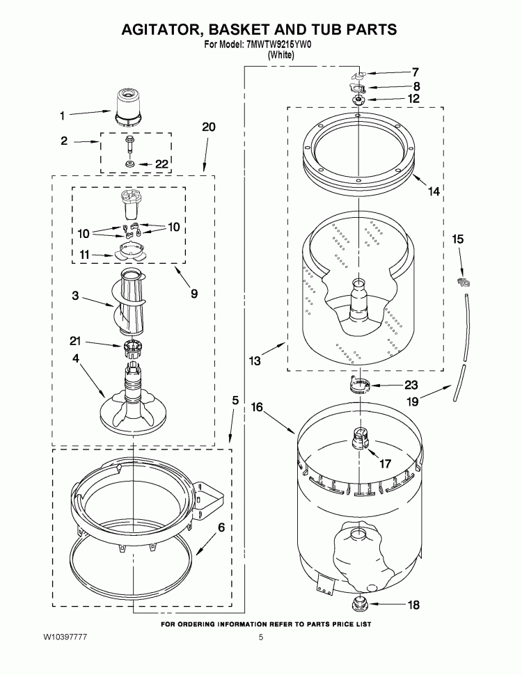 AGITATOR, BASKET AND TUB PARTS Diagram and Parts List for 7MWTW9215YW0  Whirlpool Washer