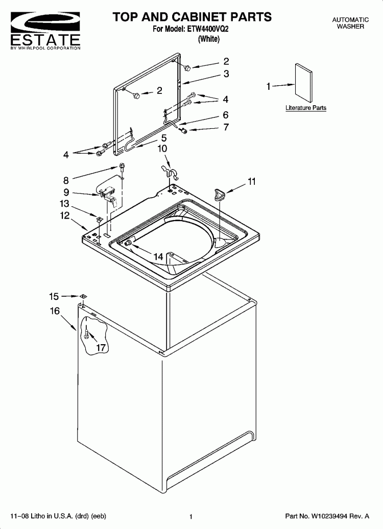 TOP AND CABINET PARTS Diagram and Parts List for ETW4400VQ2  Estate Washer