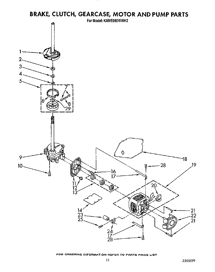BRAKE, CLUTCH, GEARCASE, MOTOR AND PUMP Diagram and Parts List for KAWE860WWH2  KitchenAid Washer