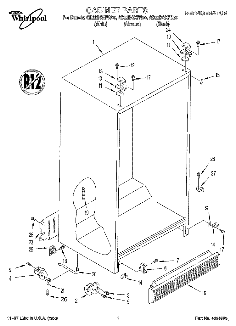 CABINET Diagram and Parts List for GD22DQXFB00  Whirlpool Refrigerator