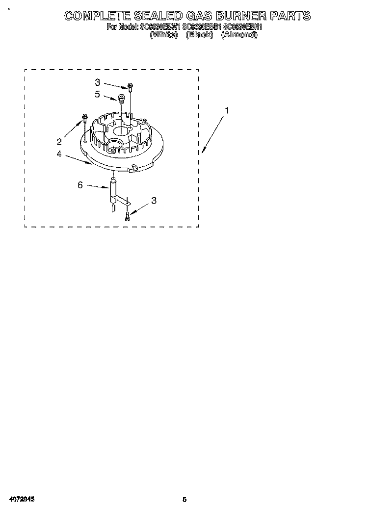 COMPLETE SEALED GAS BURNER Diagram and Parts List for SC8630EBB1  Whirlpool Cooktop