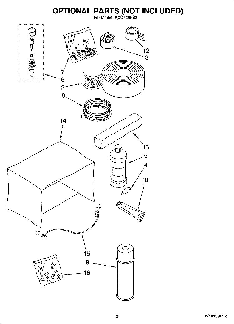 OPTIONAL  PARTS (NOT INCLUDED) Diagram and Parts List for ACQ249PS3  Whirlpool Air Conditioner