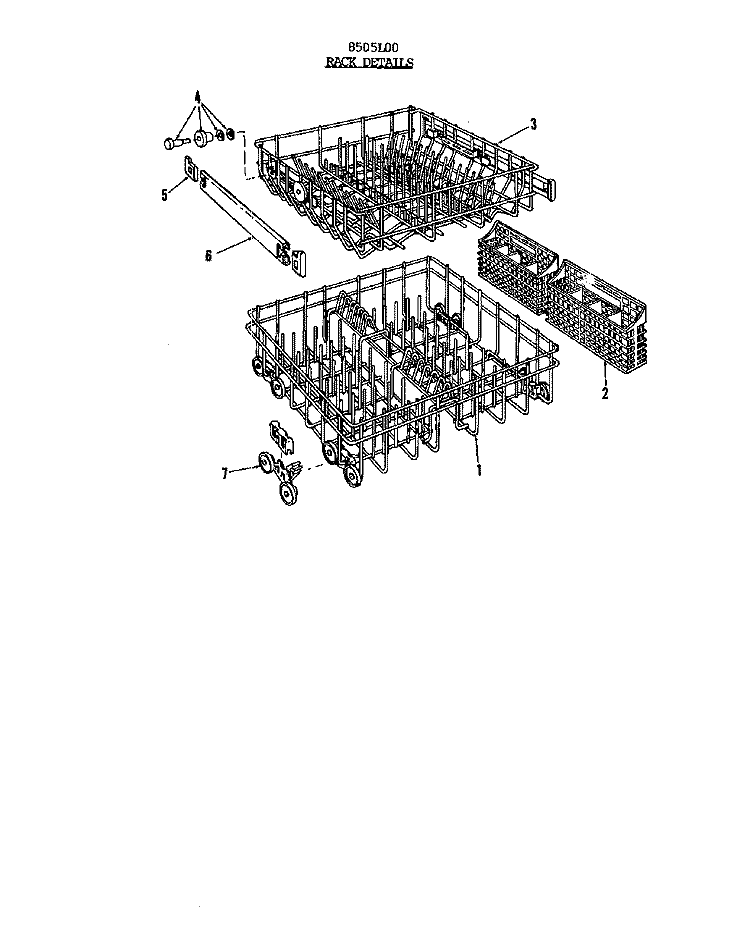 RACK Diagram and Parts List for 8505L00  Roper Dishwasher