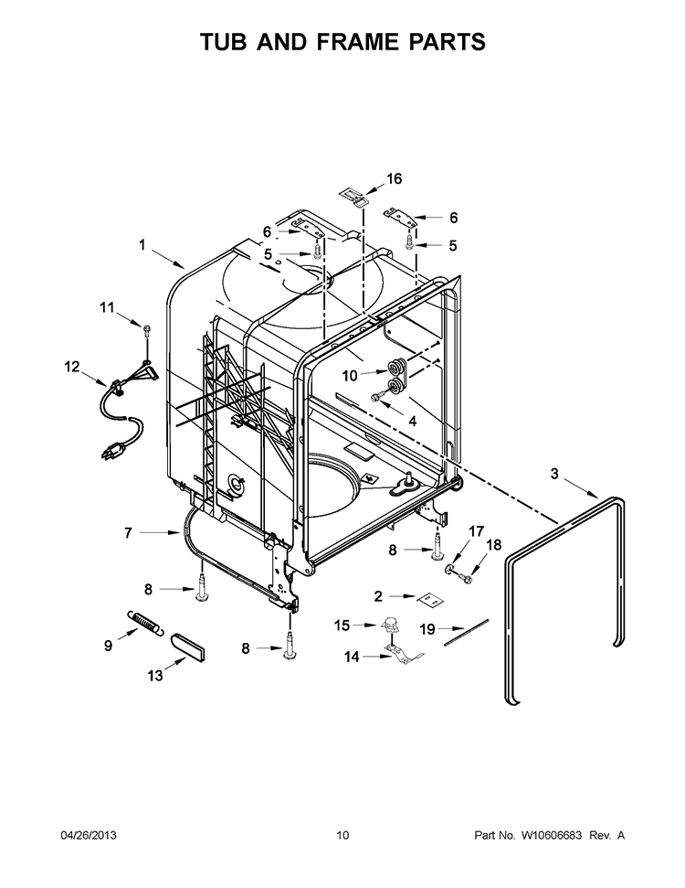 TUB AND FRAME PARTS Diagram and Parts List for WDF111PABB0  Whirlpool Dishwasher