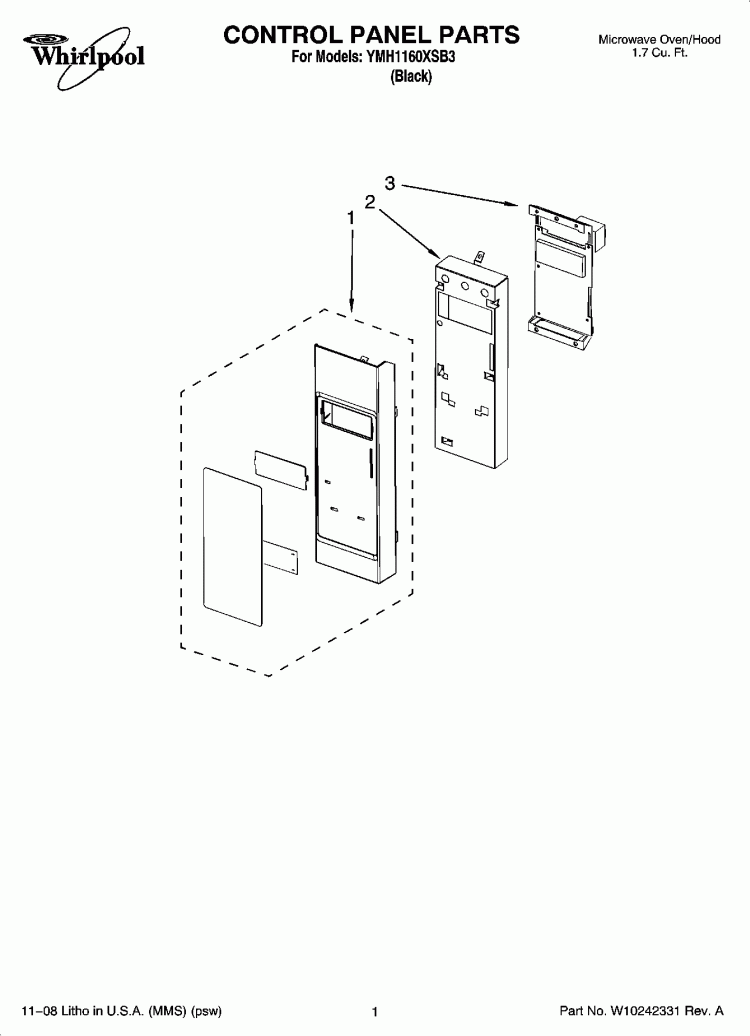 CONTROL PANEL PARTS Diagram and Parts List for YMH1160XSB3  Whirlpool Microwave