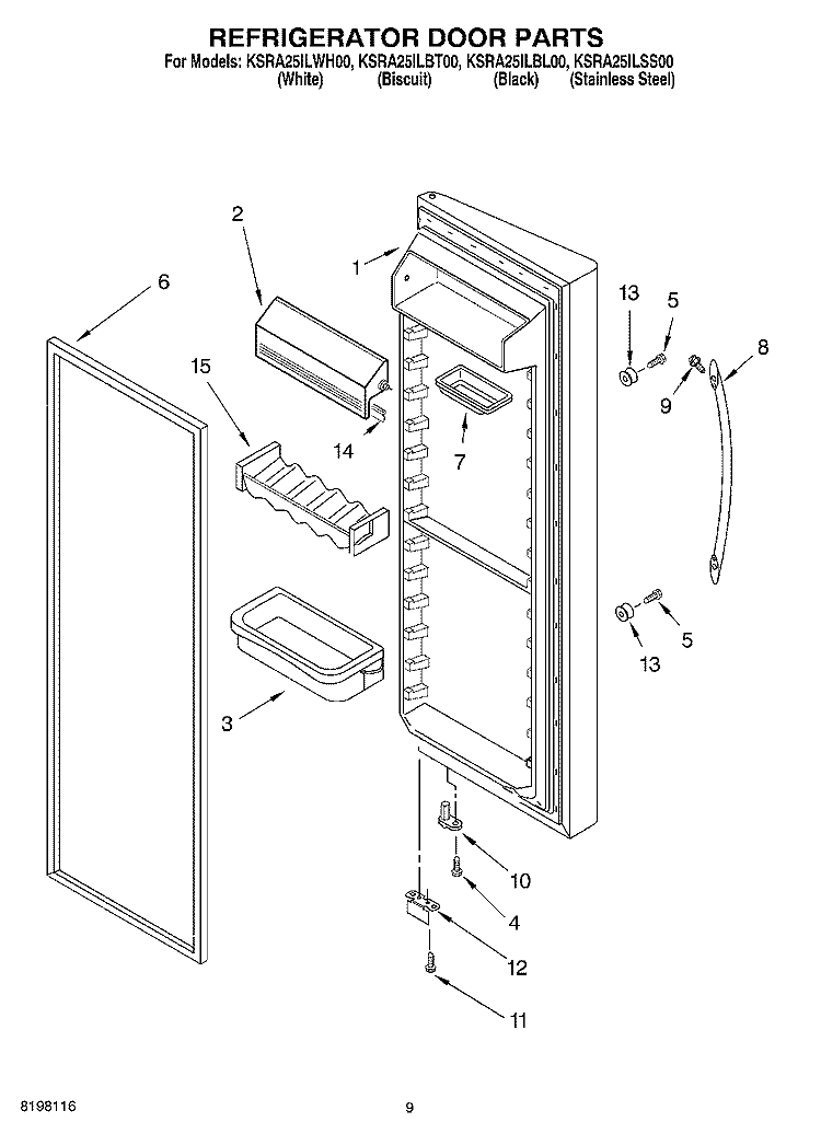 REFRIGERATOR DOOR PARTS Diagram and Parts List for KSRA25ILWH00  KitchenAid Refrigerator