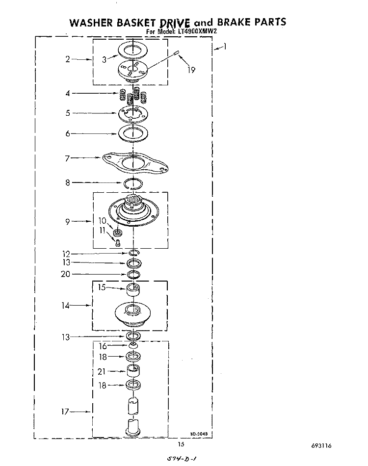 WASHER BASKET DRIVE AND BRAKE Diagram and Parts List for LT4900XMW2  Whirlpool Washer Dryer Combo