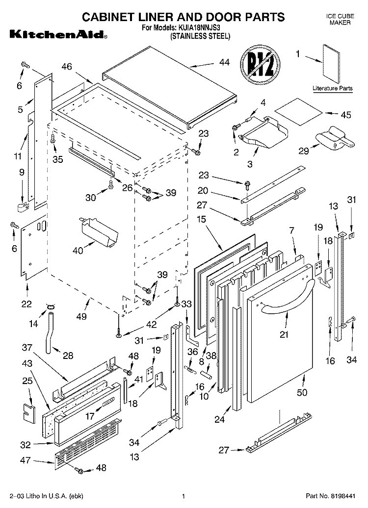 CABINET LINER AND DOOR PARTS Diagram and Parts List for KUIA18NNJS3  KitchenAid Ice Maker