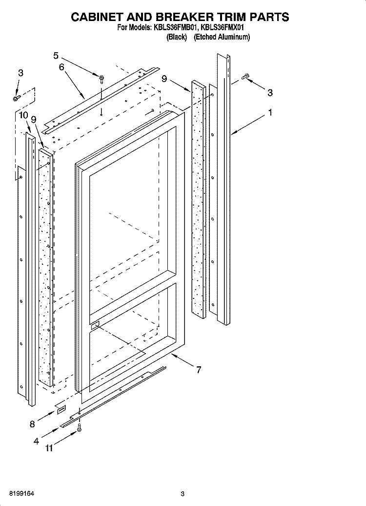 CABINET AND BREAKER TRIM PARTS Diagram and Parts List for KBLS36FMB01  KitchenAid Refrigerator