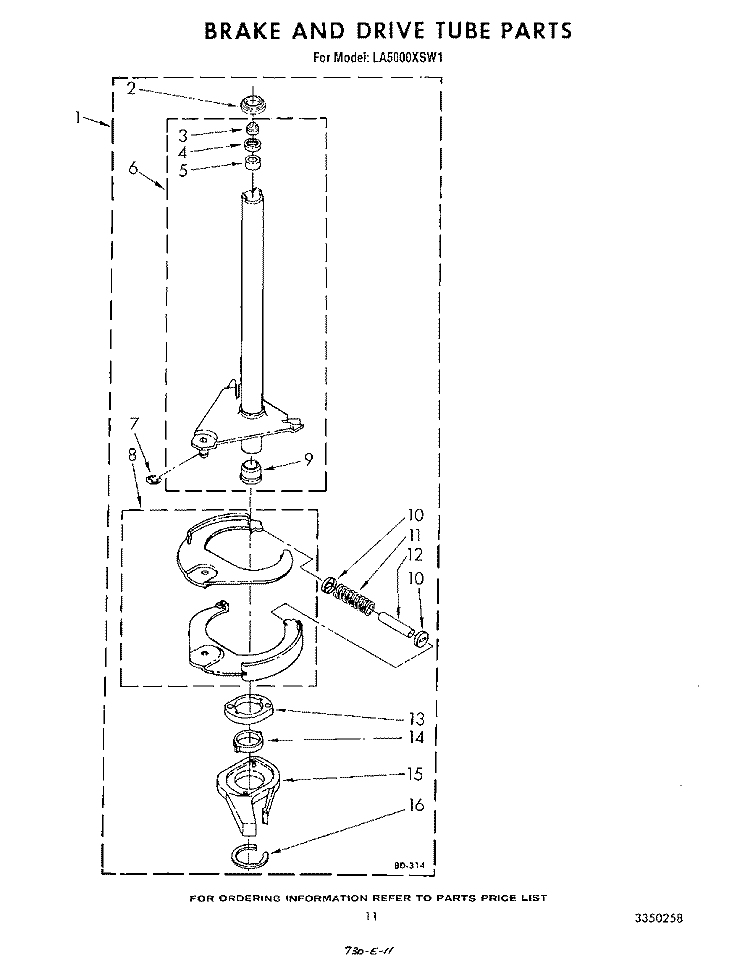 BRAKE AND DRIVE TUBE Diagram and Parts List for LA5000XSW1  Whirlpool Washer