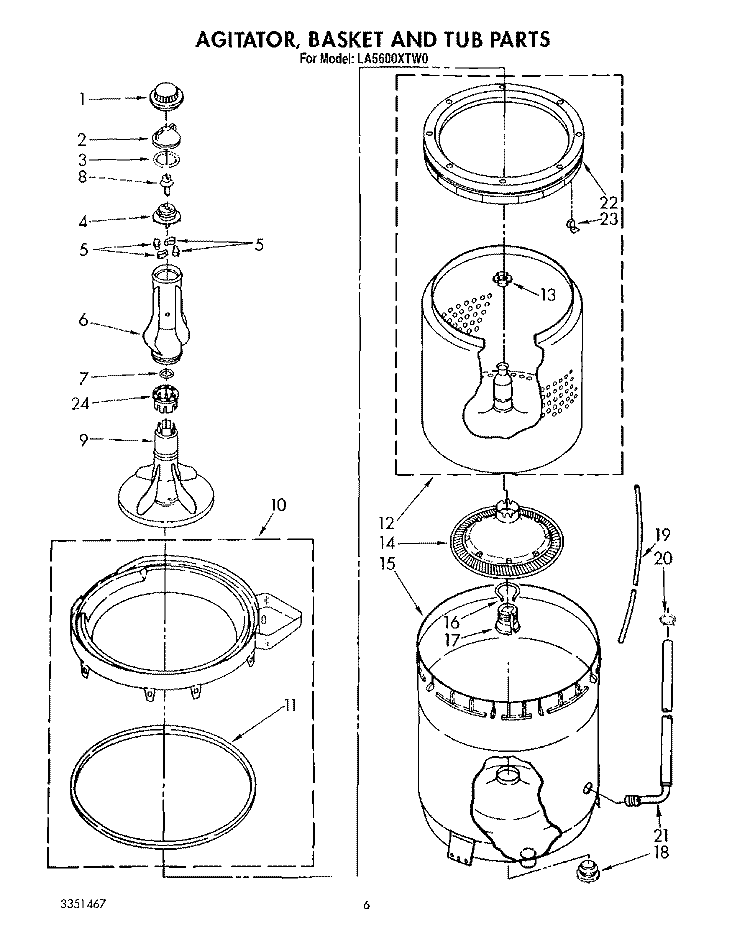 AGITATOR, BASKET AND TUB Diagram and Parts List for LA5600XTG0  Whirlpool Washer
