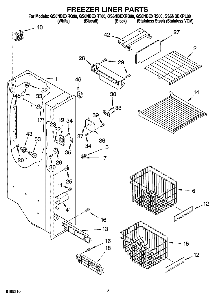 FREEZER LINER PARTS Diagram and Parts List for GS6NBEXRT00  Whirlpool Refrigerator