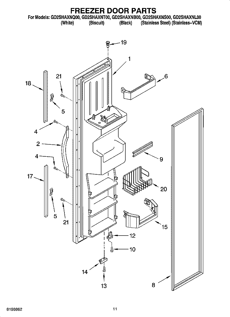 FREEZER DOOR PARTS Diagram and Parts List for GD2SHAXNB00  Whirlpool Refrigerator