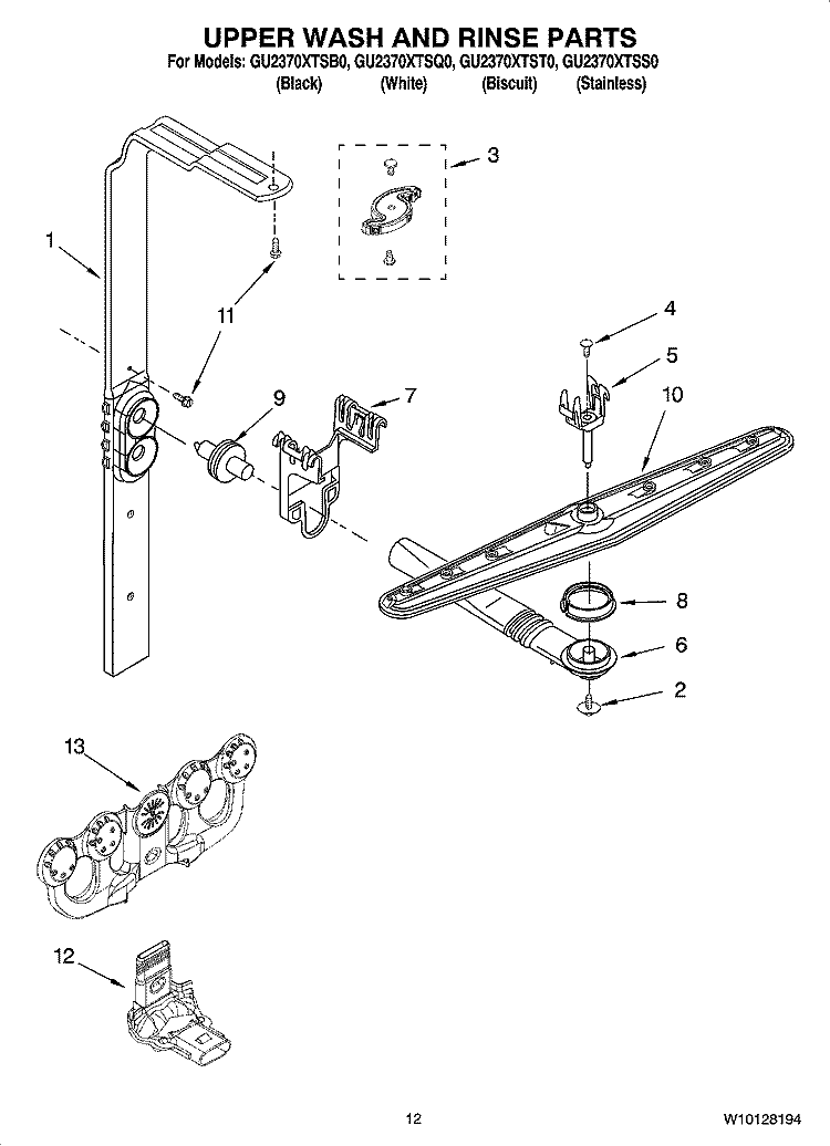 UPPER WASH AND RINSE PARTS Diagram and Parts List for GU2370XTST0  Whirlpool Dishwasher