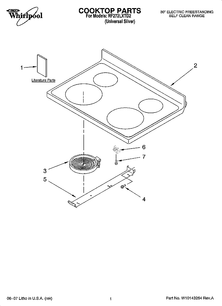 COOKTOP PARTS Diagram and Parts List for RF272LXTD2  Whirlpool Range