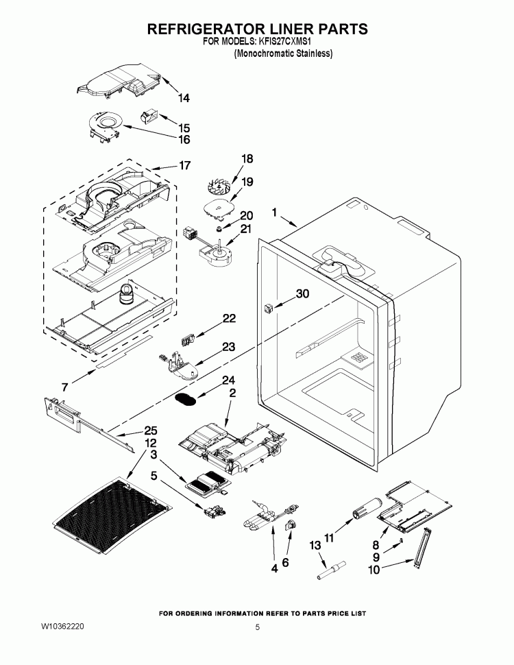 REFRIGERATOR LINER PARTS Diagram and Parts List for KFIS27CXMS1  KitchenAid Refrigerator