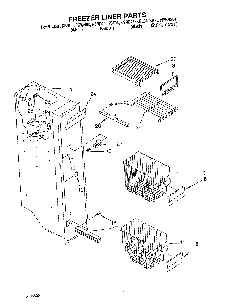 FREEZER LINER PARTS Diagram and Parts List for KSRD25FKWH04  KitchenAid Refrigerator
