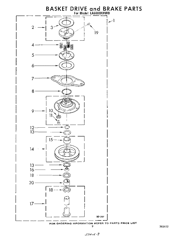 BASKET DRIVE AND BRAKE Diagram and Parts List for LA6800XKW0  Whirlpool Washer