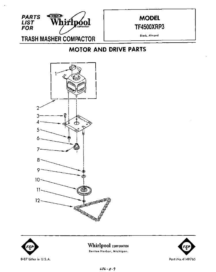 MOTOR AND DRIVE , LIT/OPTIONAL Diagram and Parts List for TF4500XRP3  Whirlpool Trash Compactor