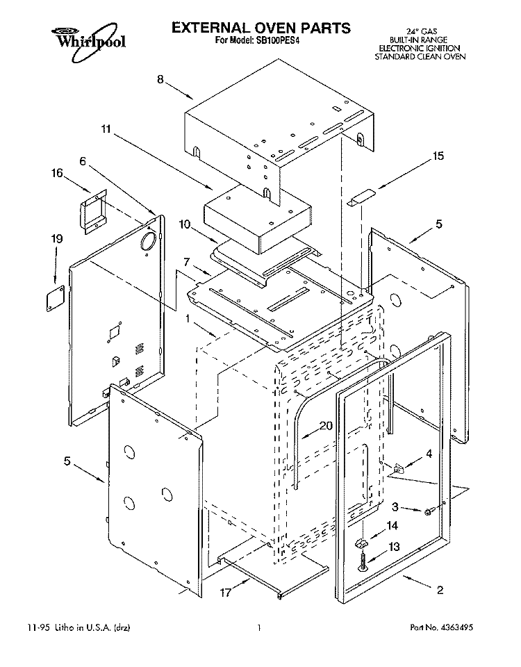 EXTERNAL OVEN Diagram and Parts List for SB100PES4  Whirlpool Range