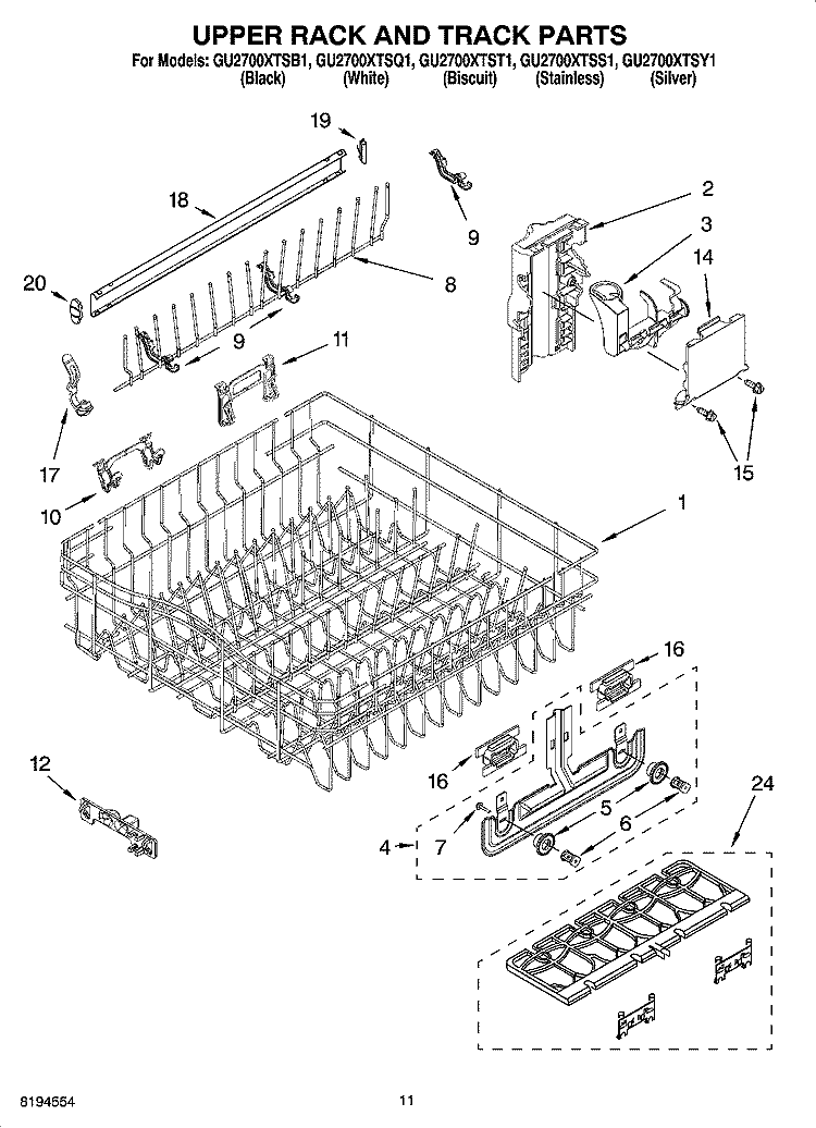 UPPER RACK AND TRACK PARTS Diagram and Parts List for GU2700XTSQ1  Whirlpool Dishwasher