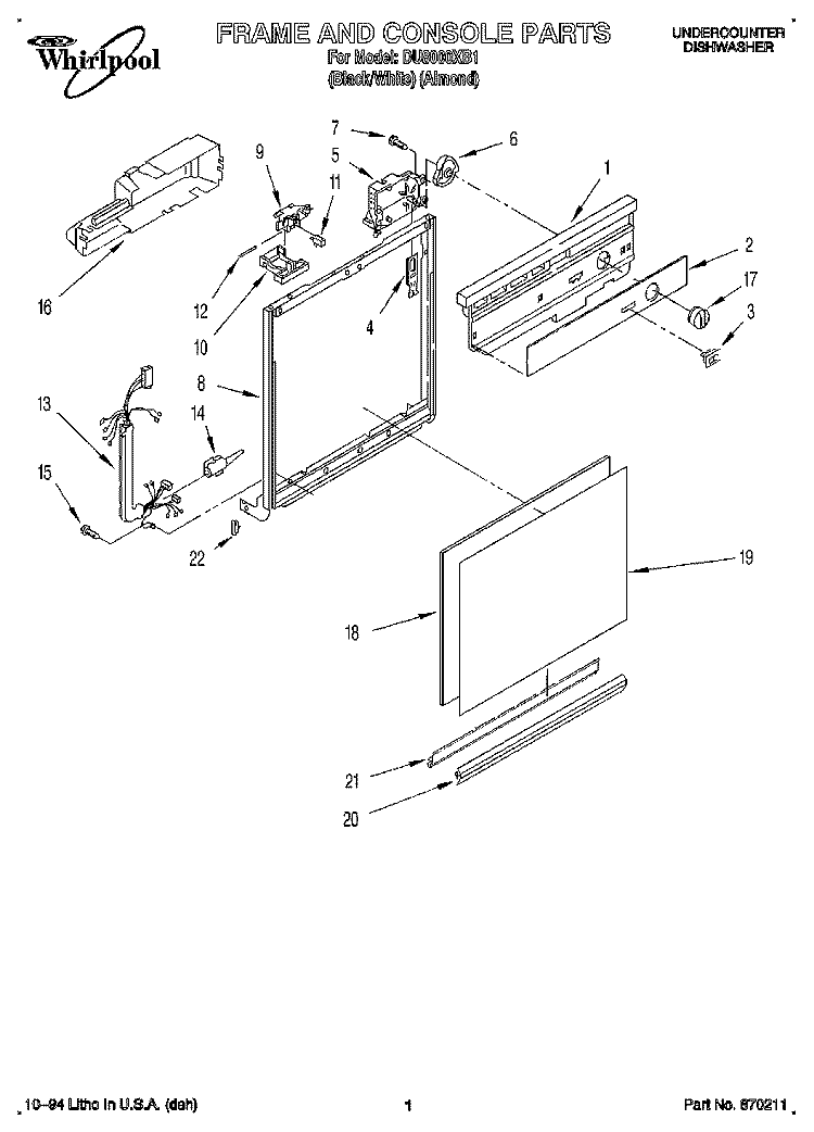 FRAME AND CONSOLE Diagram and Parts List for DU8000XB1  Whirlpool Dishwasher