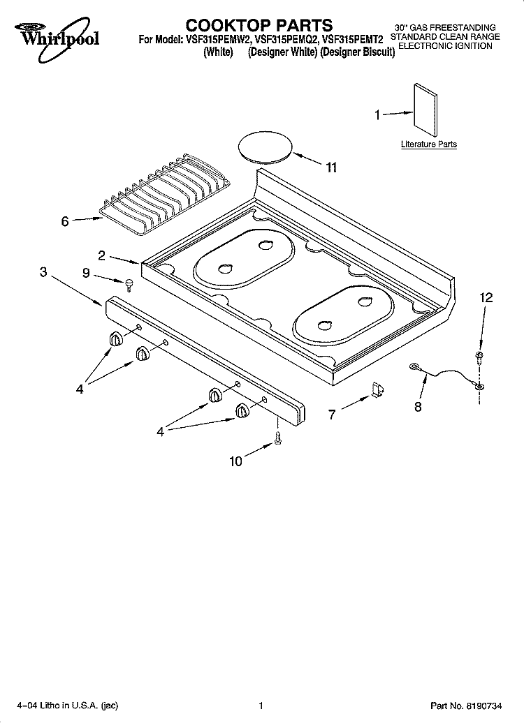 COOKTOP PARTS Diagram and Parts List for VSF315PEMT2  Whirlpool Range