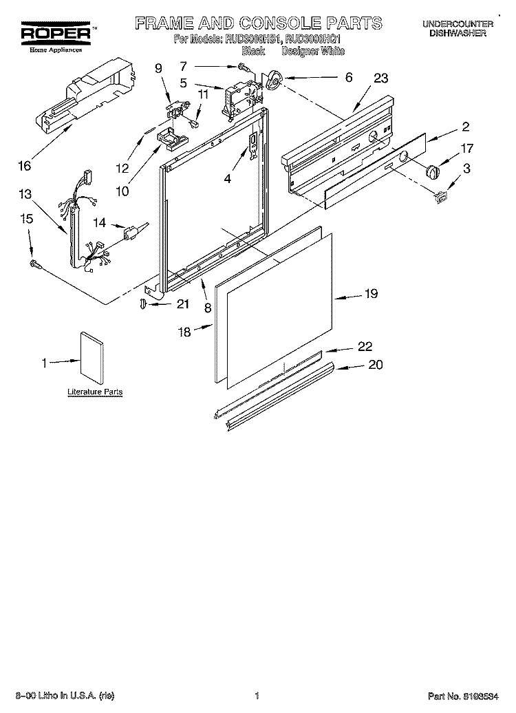 FRAME AND CONSOLE, LITERATURE Diagram and Parts List for RUD3000HB1  Roper Dishwasher