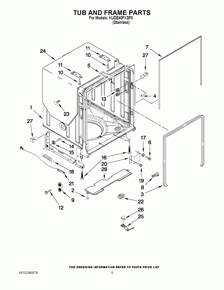 TUB AND FRAME PARTS Diagram and Parts List for KUDE40FXSP0  KitchenAid Dishwasher