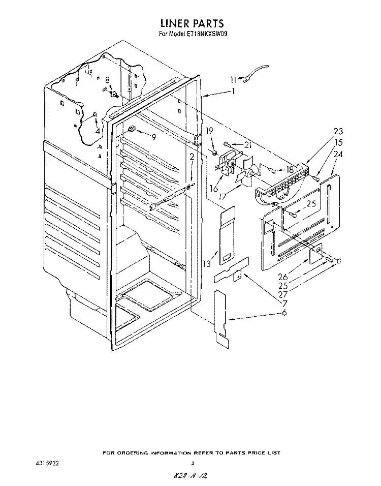 LINER Diagram and Parts List for ET18NKXSW09  Whirlpool Refrigerator