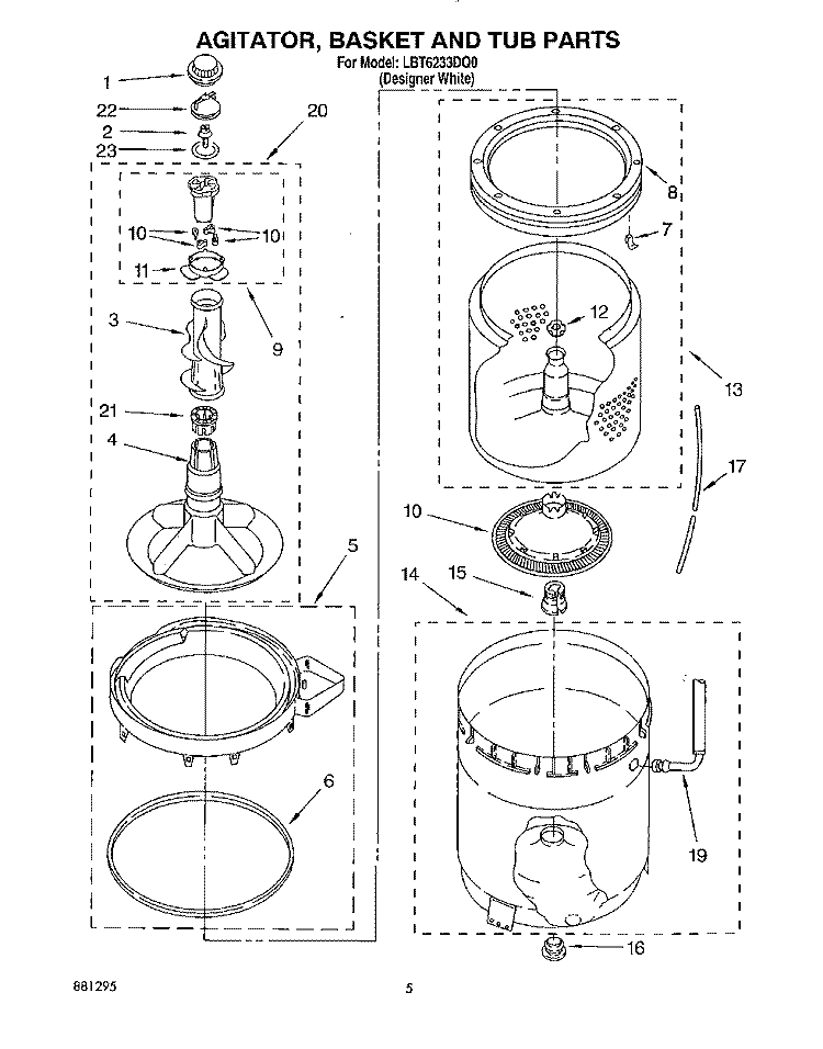 AGITATOR, BASKET AND TUB Diagram and Parts List for LBT6233DQ0  Whirlpool Washer