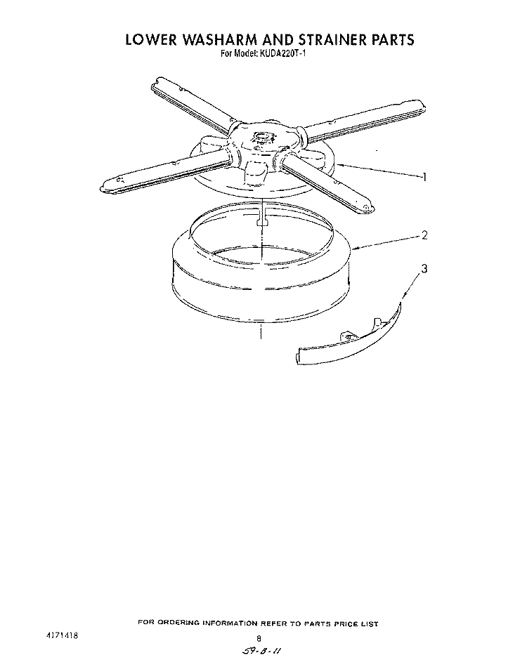LOWER WASHARM AND STRAINER Diagram and Parts List for KUDA220T1  KitchenAid Dishwasher