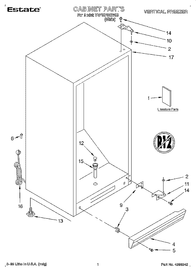 CABINET, LITERATURE Diagram and Parts List for TVF15FRGW03  Whirlpool Freezer