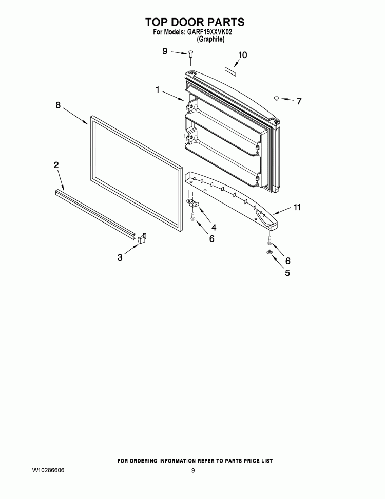 TOP DOOR Diagram and Parts List for GARF19XXVK02  Whirlpool Refrigerator
