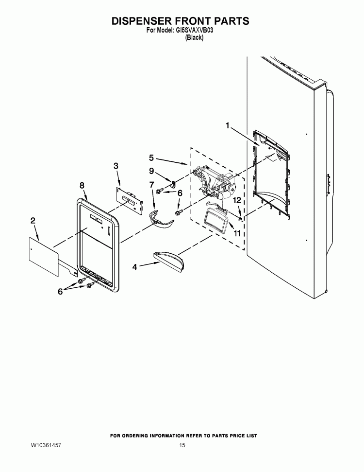 DISPENSER FRONT PARTS Diagram and Parts List for GI5SVAXVB03  Whirlpool Refrigerator