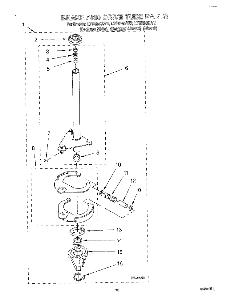 BRAKE AND DRIVE TUBE Diagram and Parts List for LTG5243DT2  Whirlpool Washer Dryer Combo