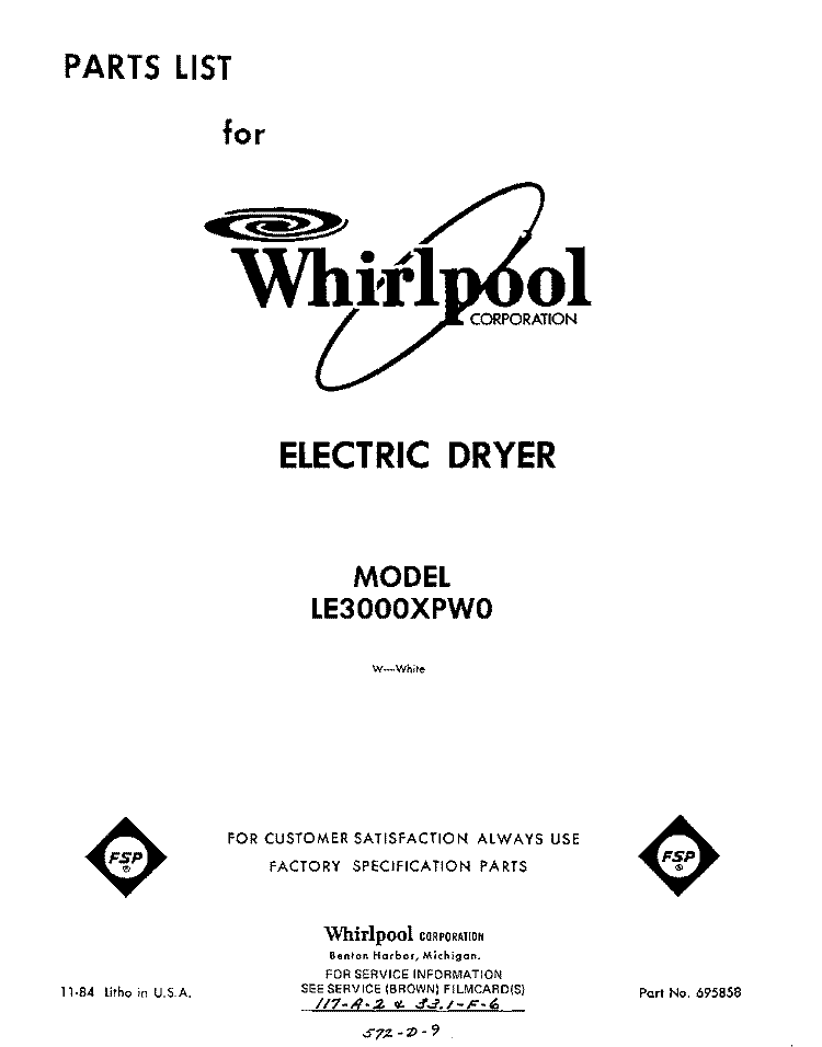 SECTION Diagram and Parts List for LE3000XPW0  Whirlpool Dryer