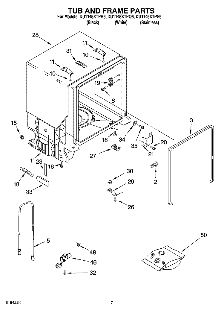 TUB AND FRAME PARTS Diagram and Parts List for DU1145XTPQ6  Whirlpool Dishwasher