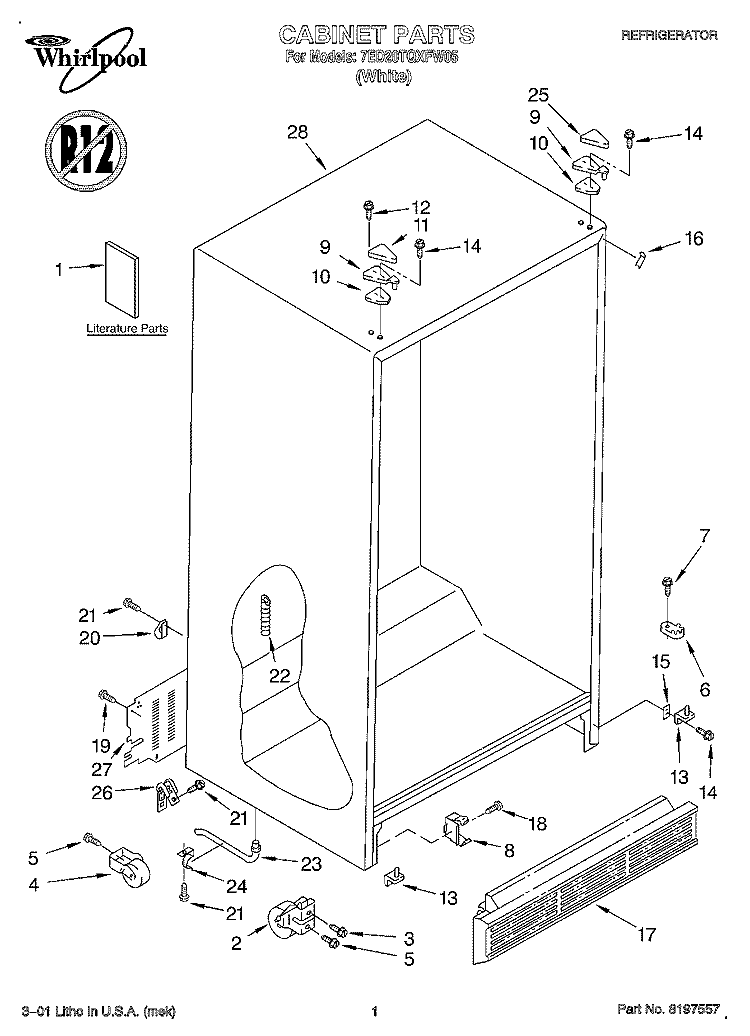 CABINET, LITERATURE Diagram and Parts List for 7ED20TQXFW05  Whirlpool Refrigerator