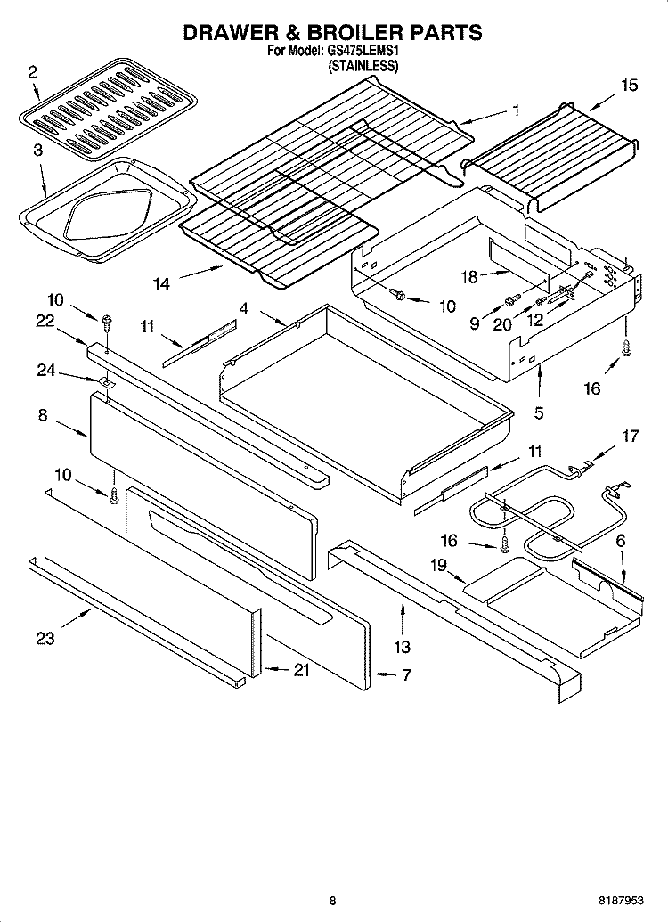 DRAWER & BROILER PARTS, MISCELLANEOUS PARTS Diagram and Parts List for GS475LEMS1  Whirlpool Range