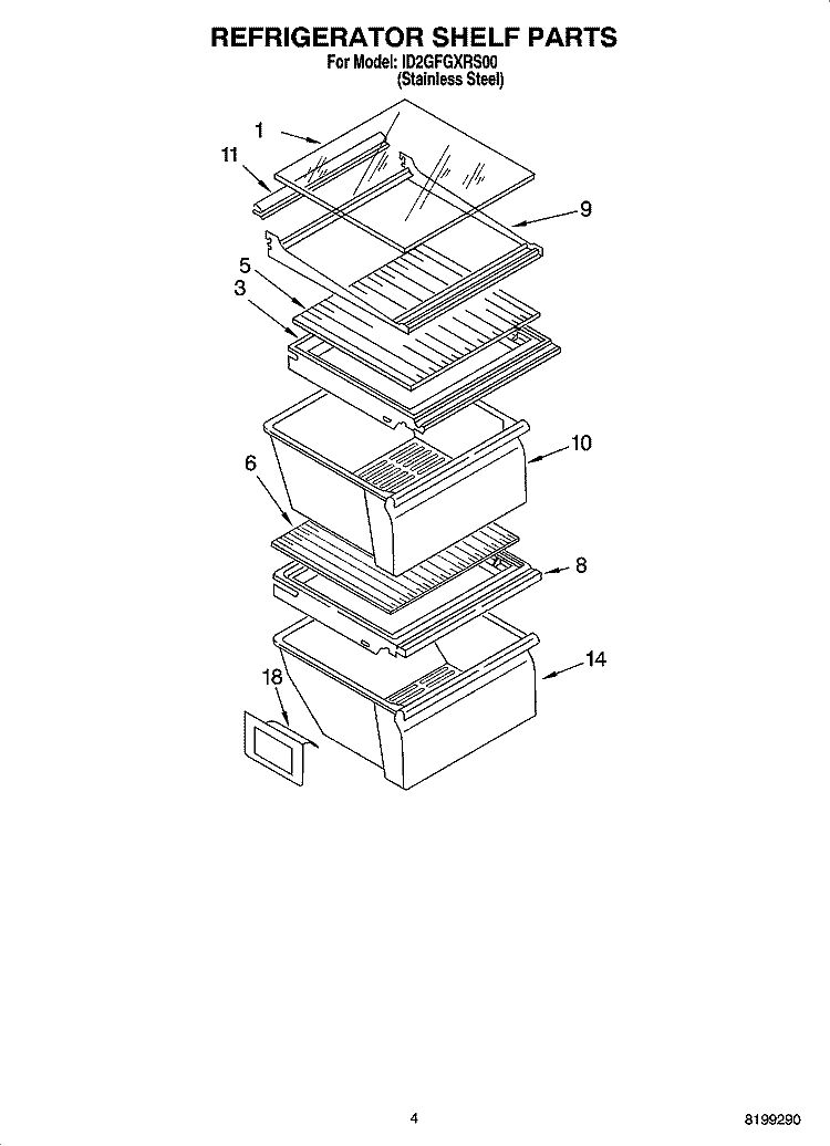 REFRIGERATOR SHELF PARTS Diagram and Parts List for ID2GFGXRS00  Whirlpool Refrigerator