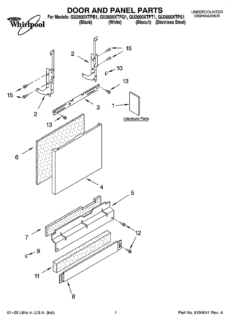 DOOR AND PANEL PARTS Diagram and Parts List for GU2600XTPB1  Whirlpool Dishwasher