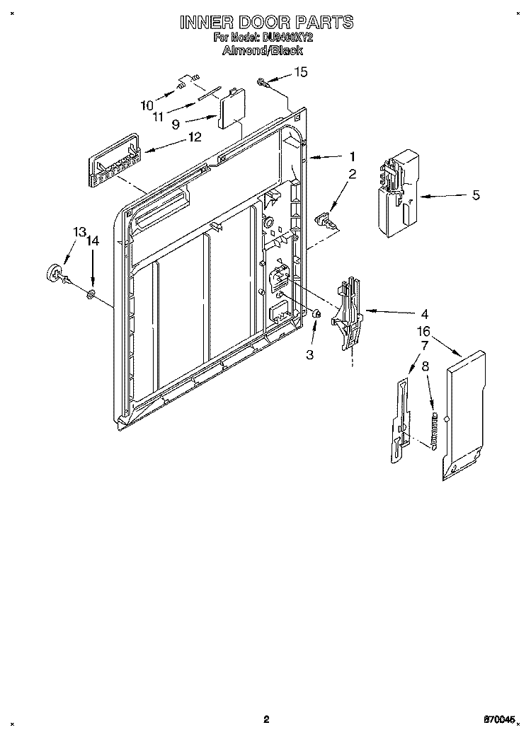 INNER DOOR Diagram and Parts List for DU9400XY2  Whirlpool Dishwasher