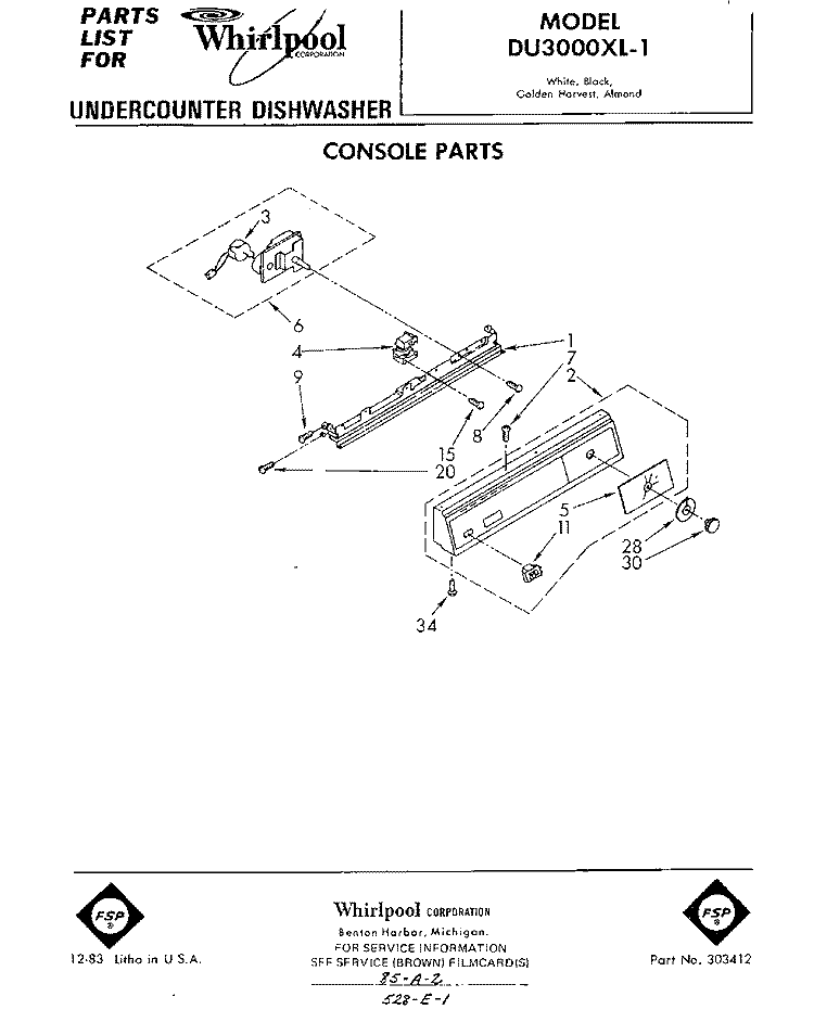 CONSOLE Diagram and Parts List for DU3000XL1  Whirlpool Dishwasher